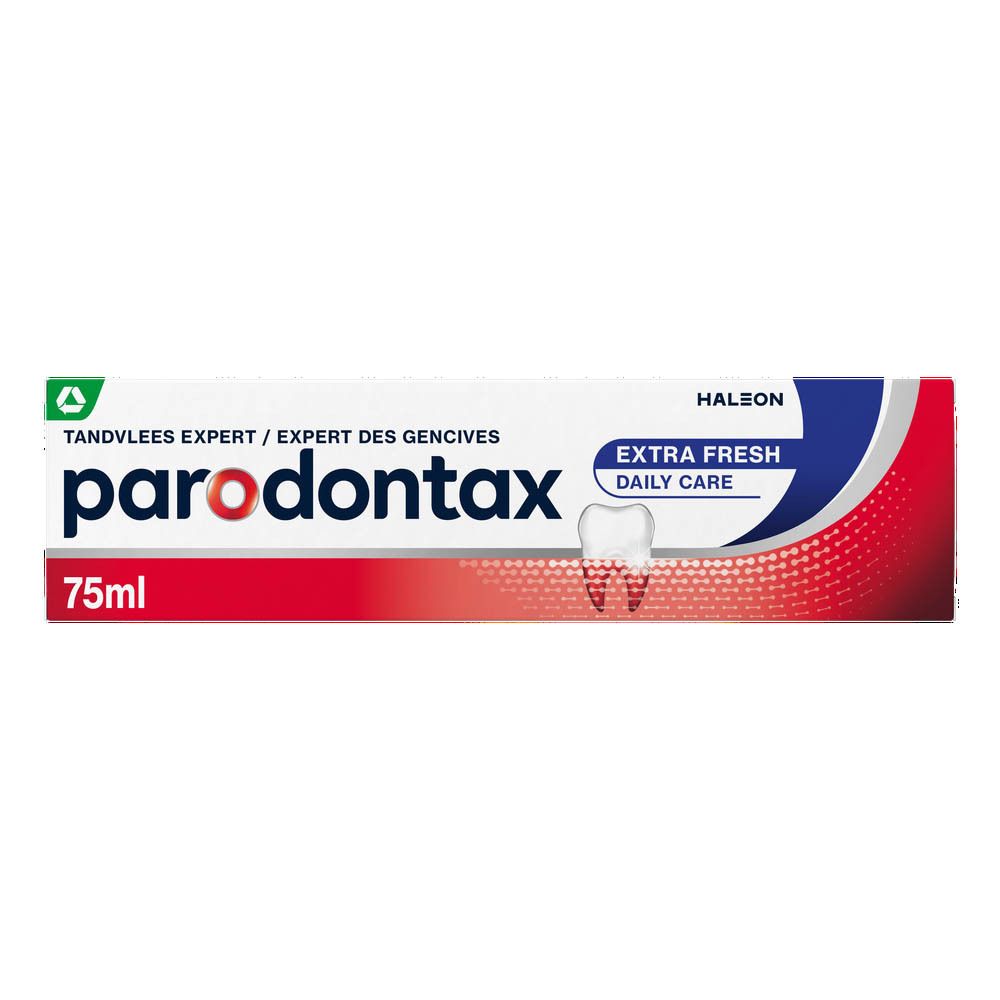 Tandpasta doos. Parodontax Extra Fresh. Helpt tegen bloedend tandvlees. 75ml.