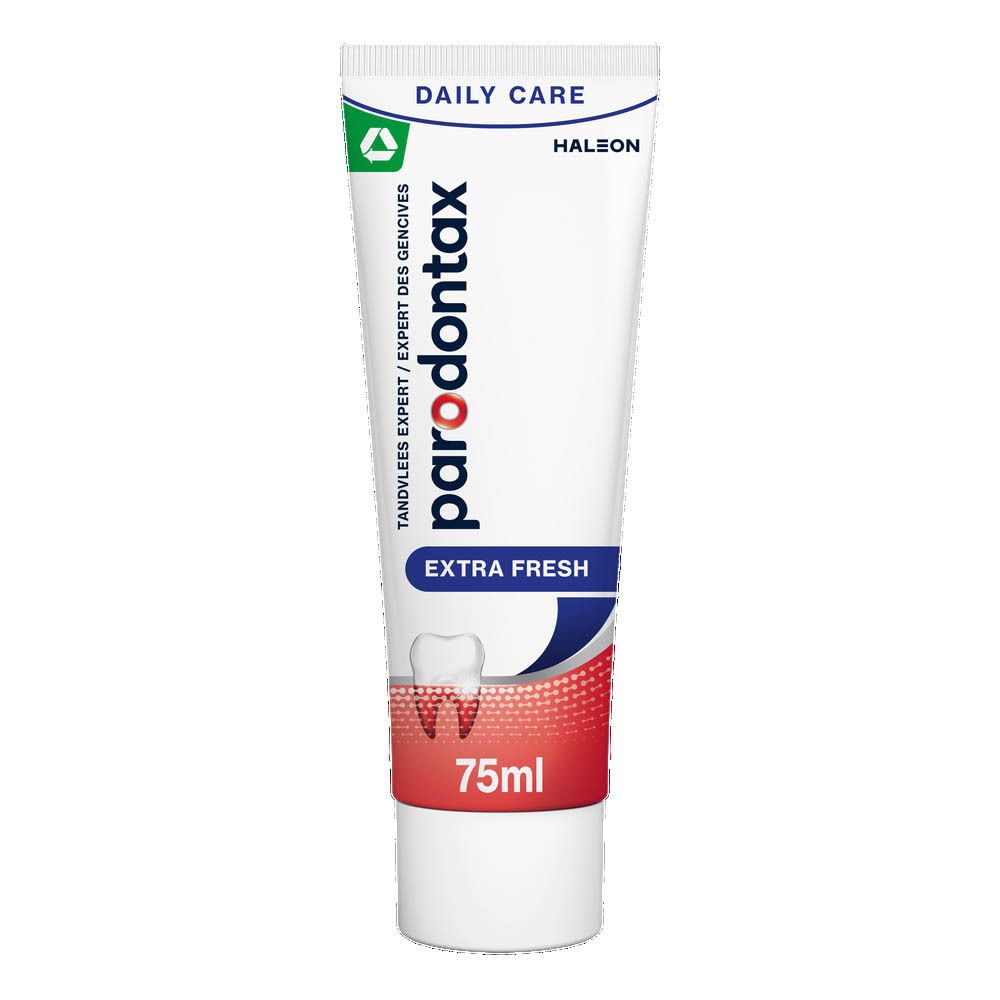Tandpasta doos. Parodontax Extra Fresh. Helpt tegen bloedend tandvlees. 75ml.