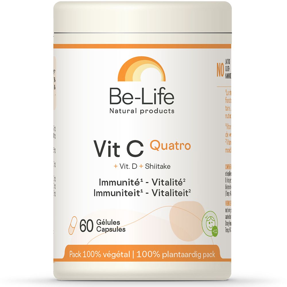 Witte pot Be-Life Vit C Quatro met oranje accenten. 60 capsules. Opschrift: Vit C Quatro, + Vit. D + Shiitake. 100% plantaardige verpakking.