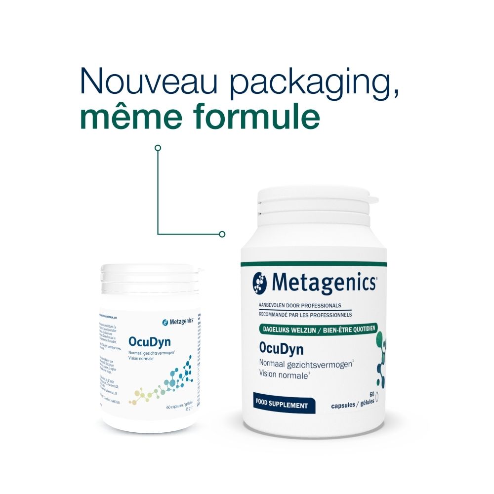 Deux boîtes blanches Metagenics OcuDyn. Une petite et une grande. Texte: Nouveau packaging, même formule.