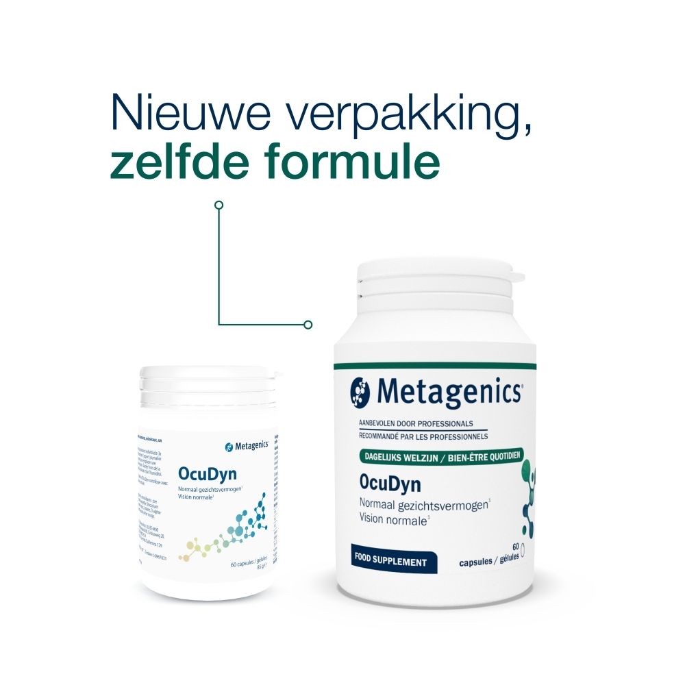 Twee witte potten Metagenics OcuDyn. Een kleine en een grote. Tekst: Nieuwe verpakking, zelfde formule.