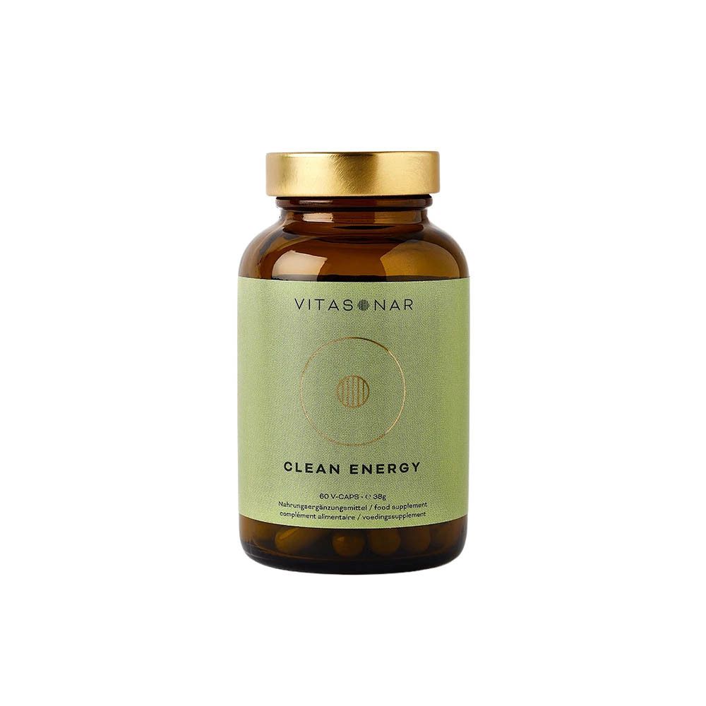 Bruine glazen fles met gouden dop. Etiket met "VITASONAR CLEAN ENERGY". Opschrift "60 V-CAPS". 