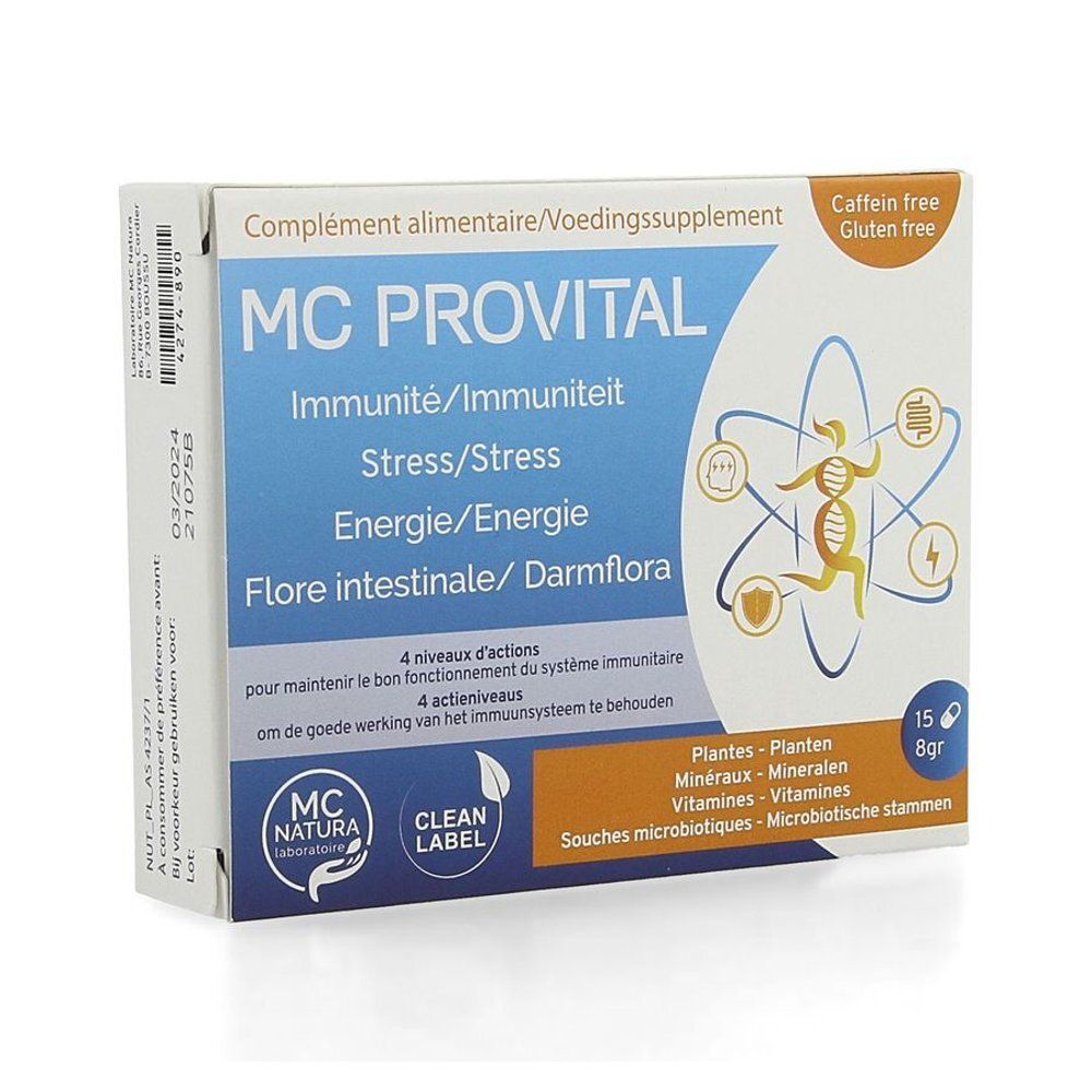 Boîte de MC Provital, complément alimentaire. Inscriptions : Immunité/Immuniteit, Stress/Stress, Energie/Energie, Flore intestinale/Darmflora.