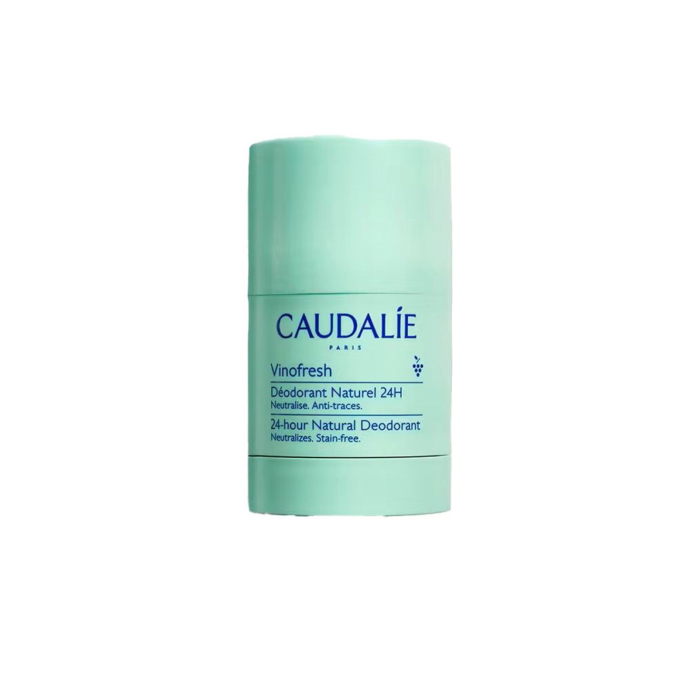 Déodorant cylindrique vert menthe. Inscriptions: CAUDALIE, Vinofresh, Déodorant Naturel 24H. Neutralise, anti-traces.