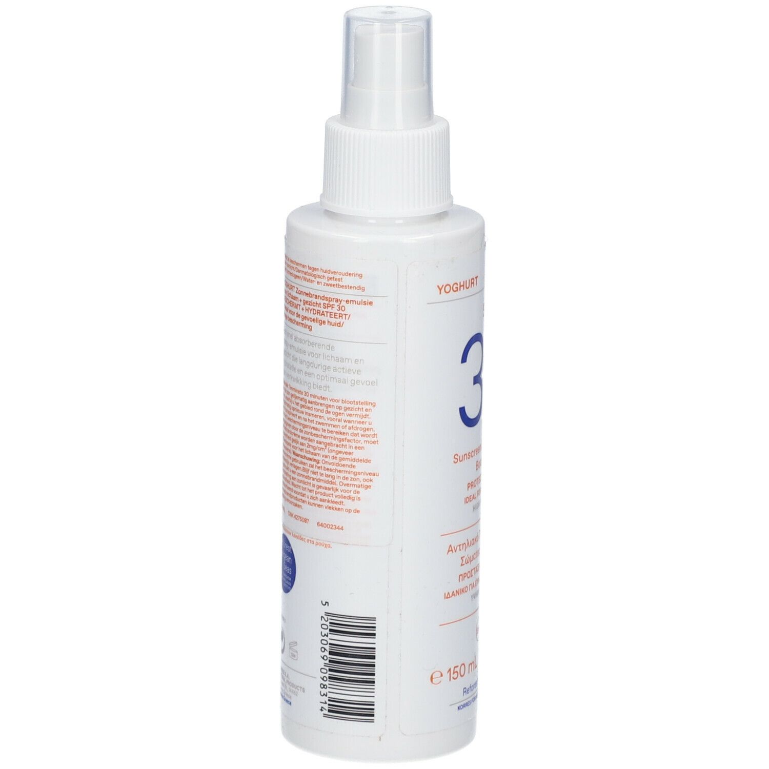 Witte sprayfles. Tekst in rood en zwart. Barcode en tekst op de achterkant.