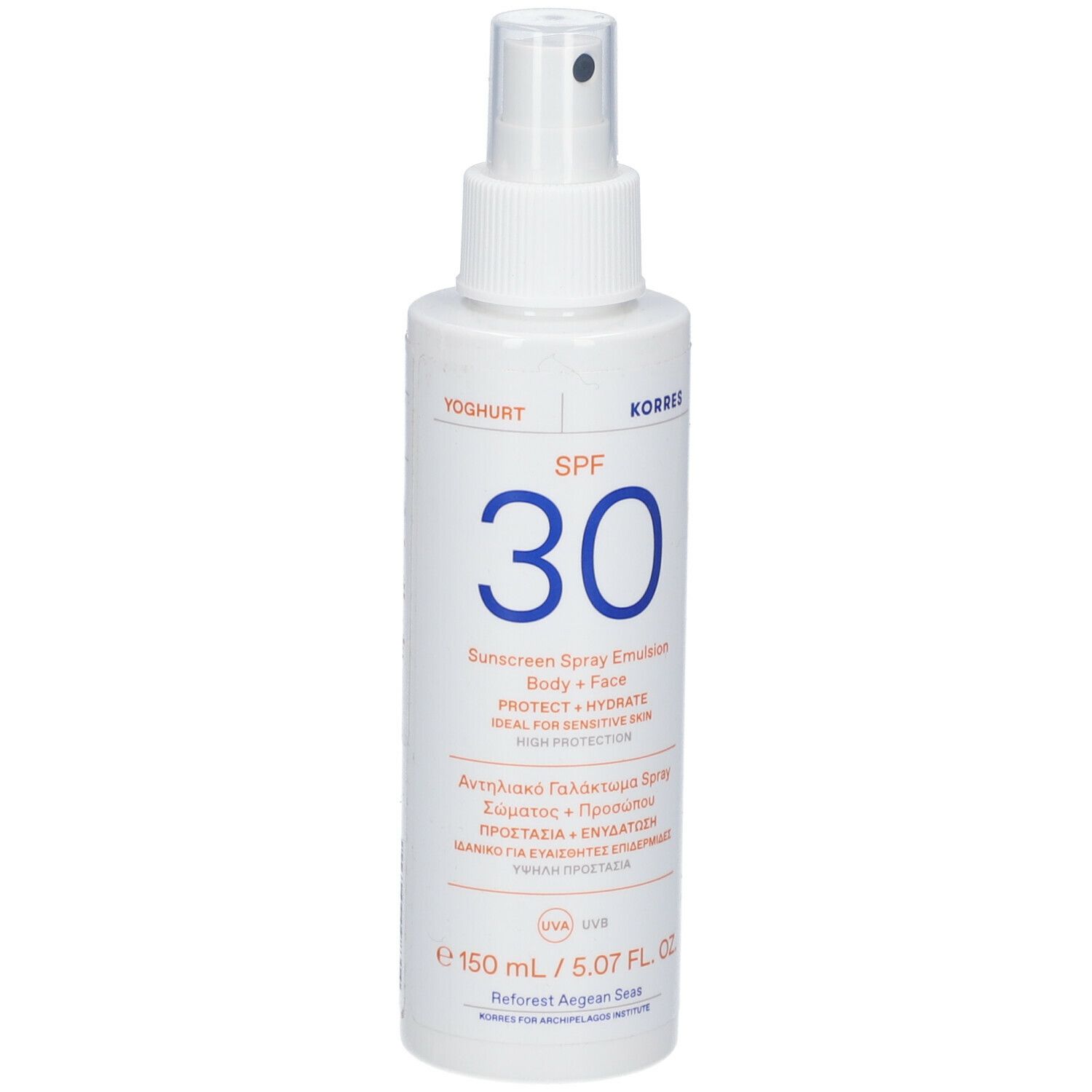 Witte sprayfles met blauwe SPF 30. Tekst in zwart en blauw. Merk KORRES.