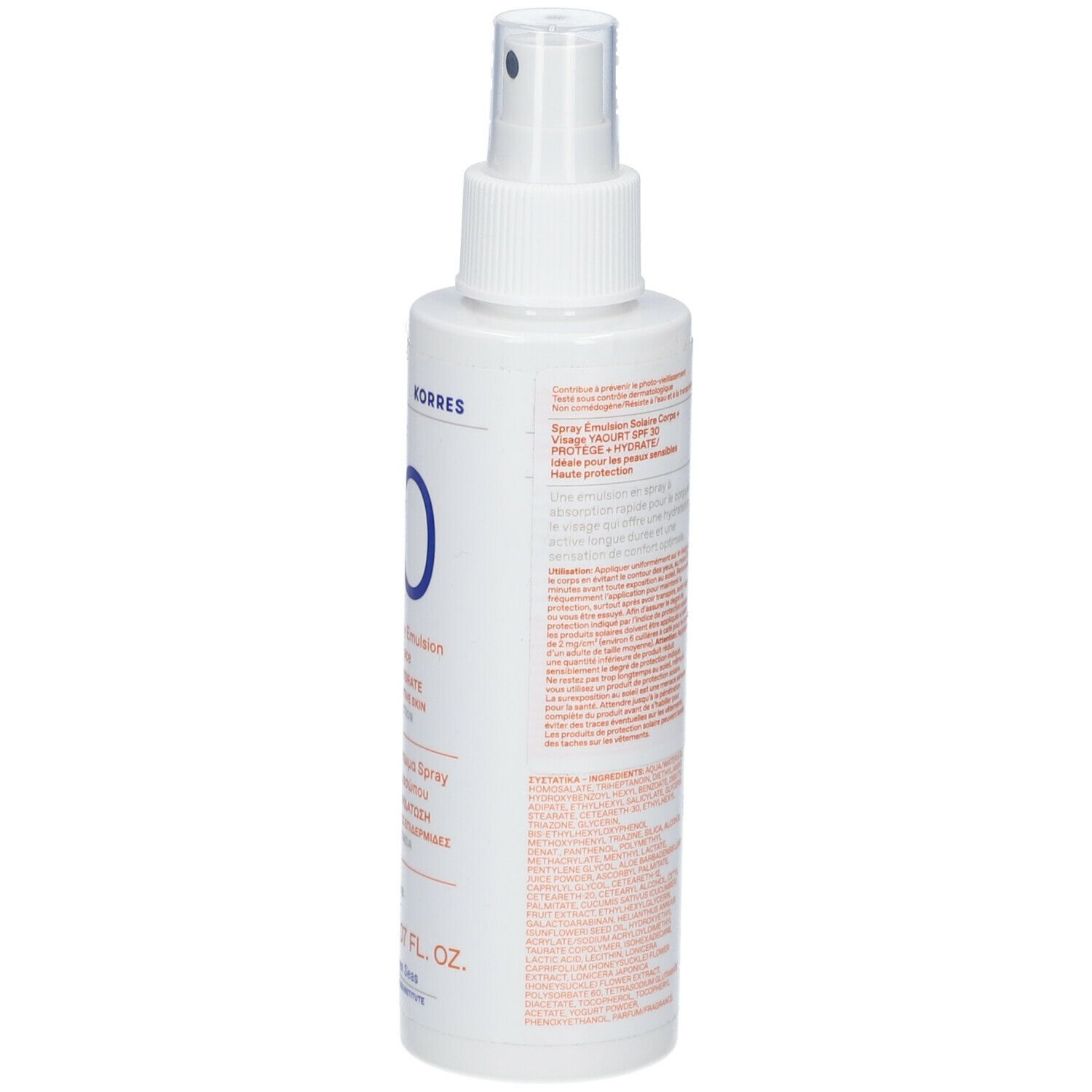Witte sprayfles met blauwe SPF 30. Tekst in zwart en blauw. Merk KORRES.