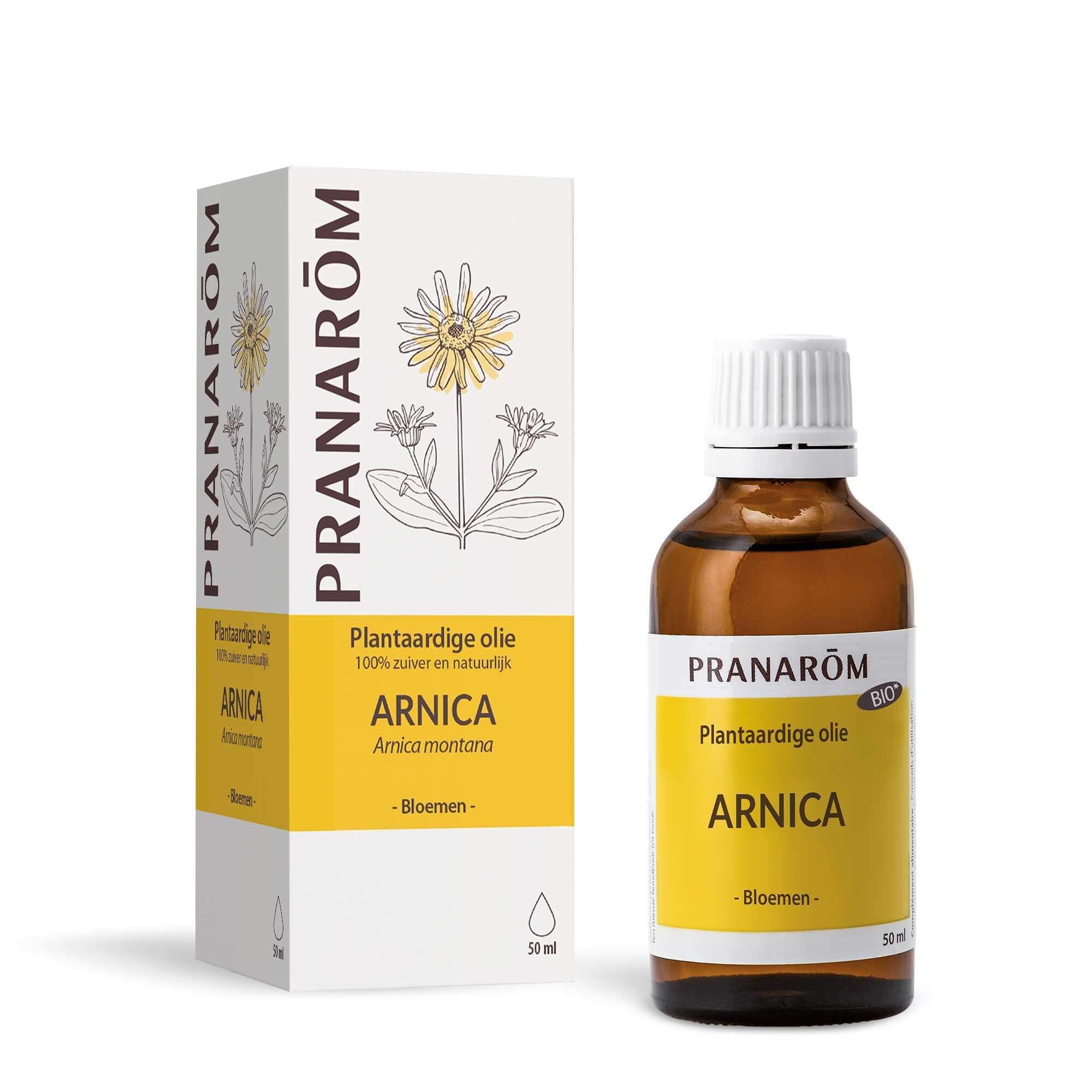 Arnica olie fles en doos. Geel etiket met tekst. Merk: Pranarôm. 50 ml.