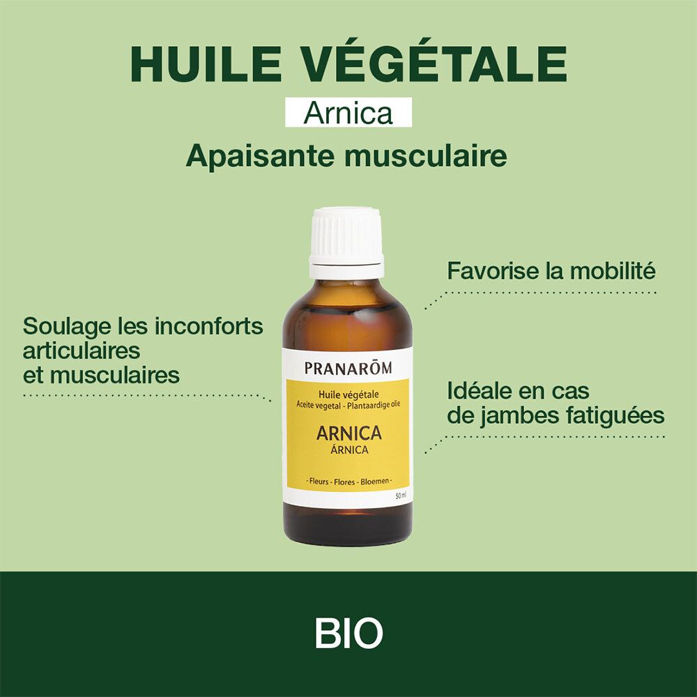 Flacon d'huile d'Arnica. Inscription : Pranarôm, Arnica, apaisante musculaire, Bio.
