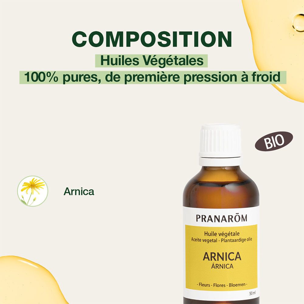 Flacon d'huile d'Arnica. Inscription : Pranarôm, Arnica, 100% pures, première pression à froid, Bio.