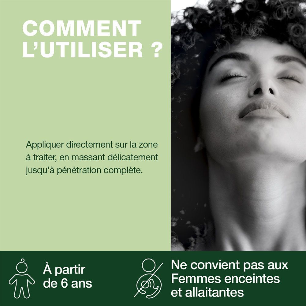 Femme aux yeux fermés. Texte : Application à partir de 6 ans. Ne convient pas aux femmes enceintes et allaitantes.