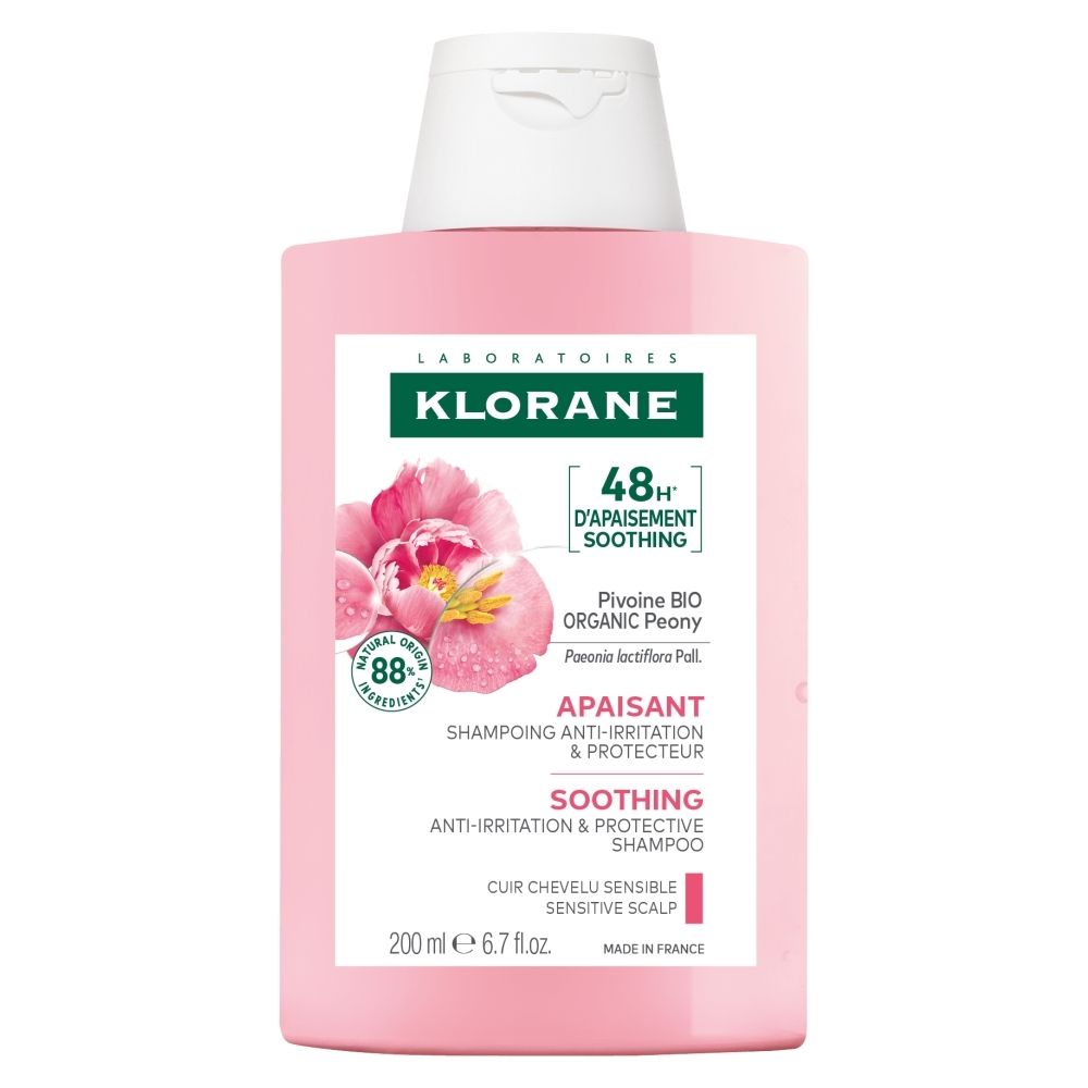 Shampooing KLORANE : flacon à la pivoine, 48h d'apaisement, cuir chevelu sensible. 200 ml.