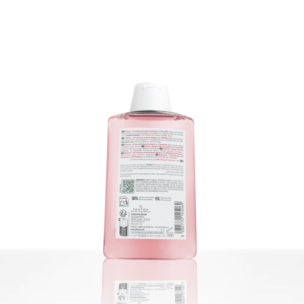 Arrière du Shampooing KLORANE : informations sur les ingrédients et labels. 200 ml.