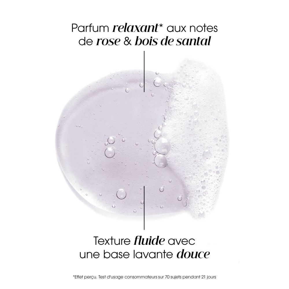 KLORANE Shampoo : échantillon de texture avec mousse, notes de rose & bois de santal. Fluide.