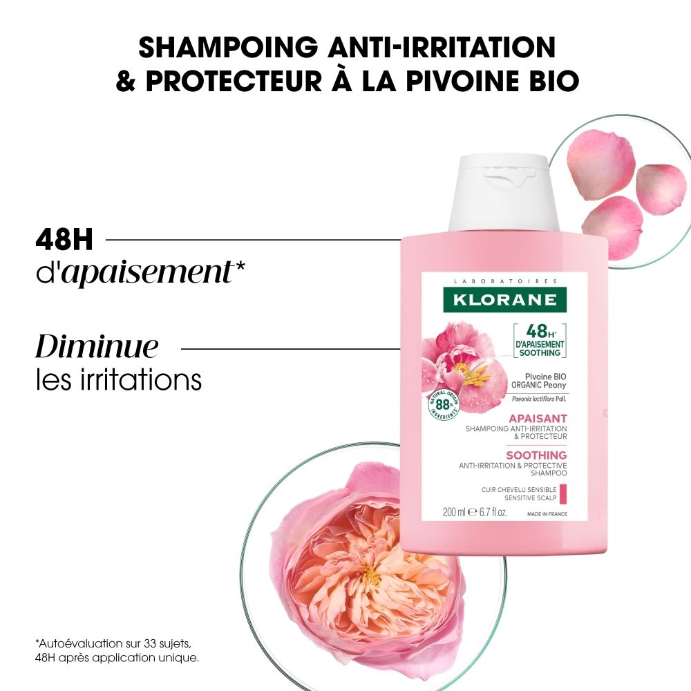 Shampooing KLORANE : flacon, pivoines, 48h d'apaisement, réduit les irritations. 200 ml.