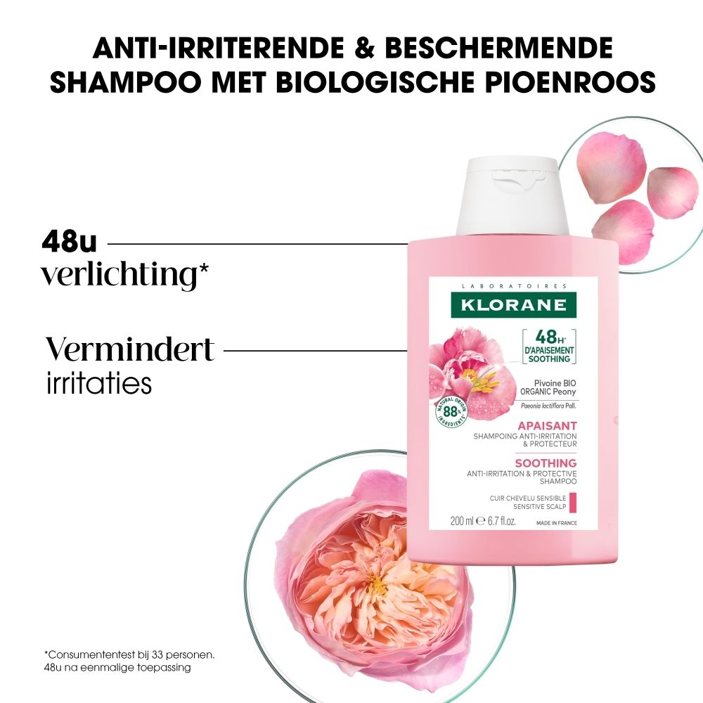 Shampoo KLORANE: fles, pioenrozen, 48u verlichting, vermindert irritaties. 200 ml.