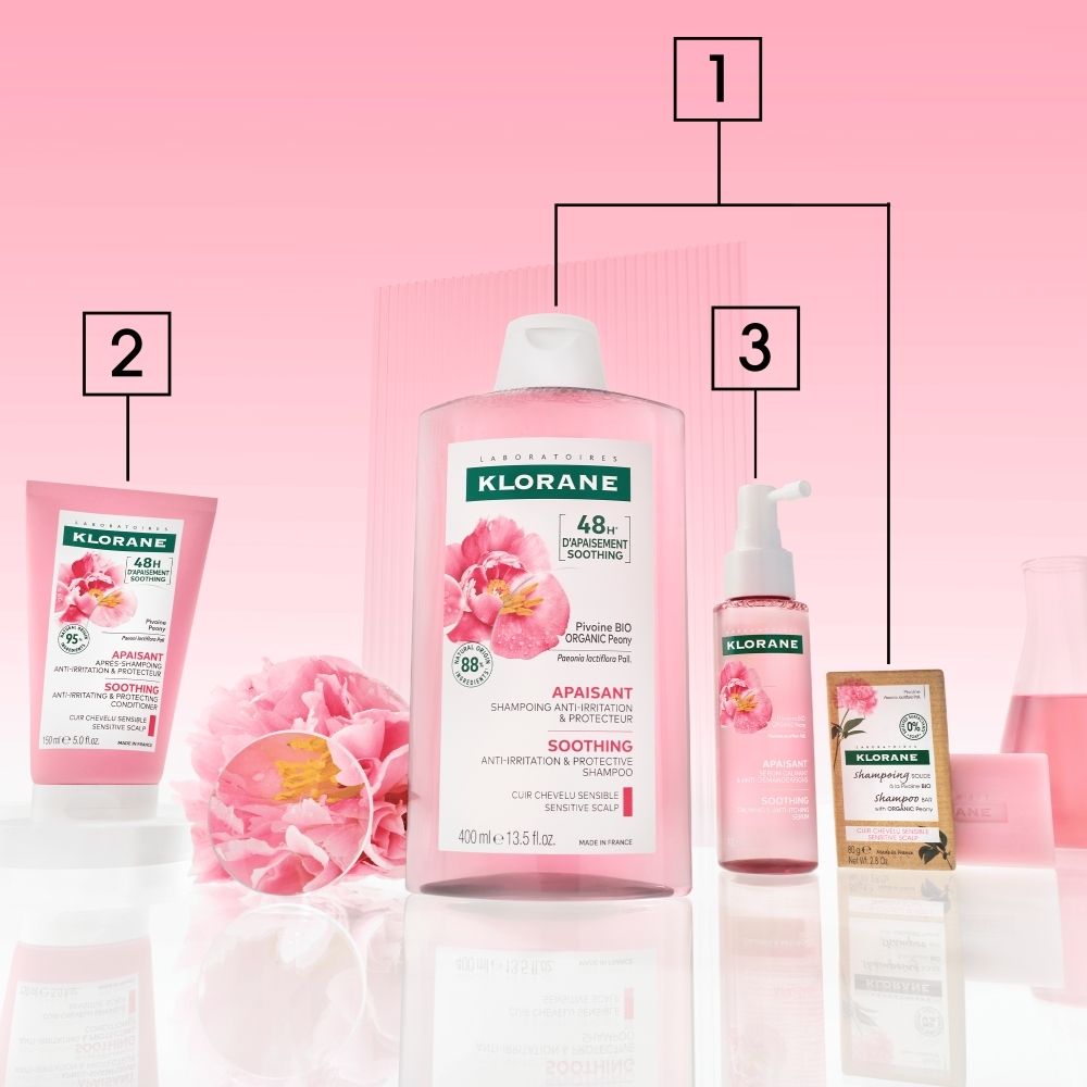 Vue d'ensemble des produits : shampooing, après-shampooing, sérum. KLORANE.
