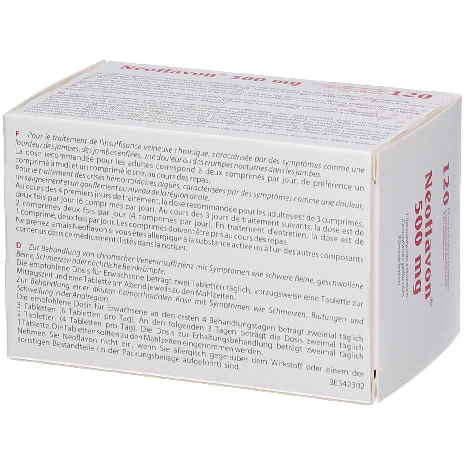 Dos d'une boîte blanche avec texte multilingue. Inscription: Neoflavon 500 mg, 120.