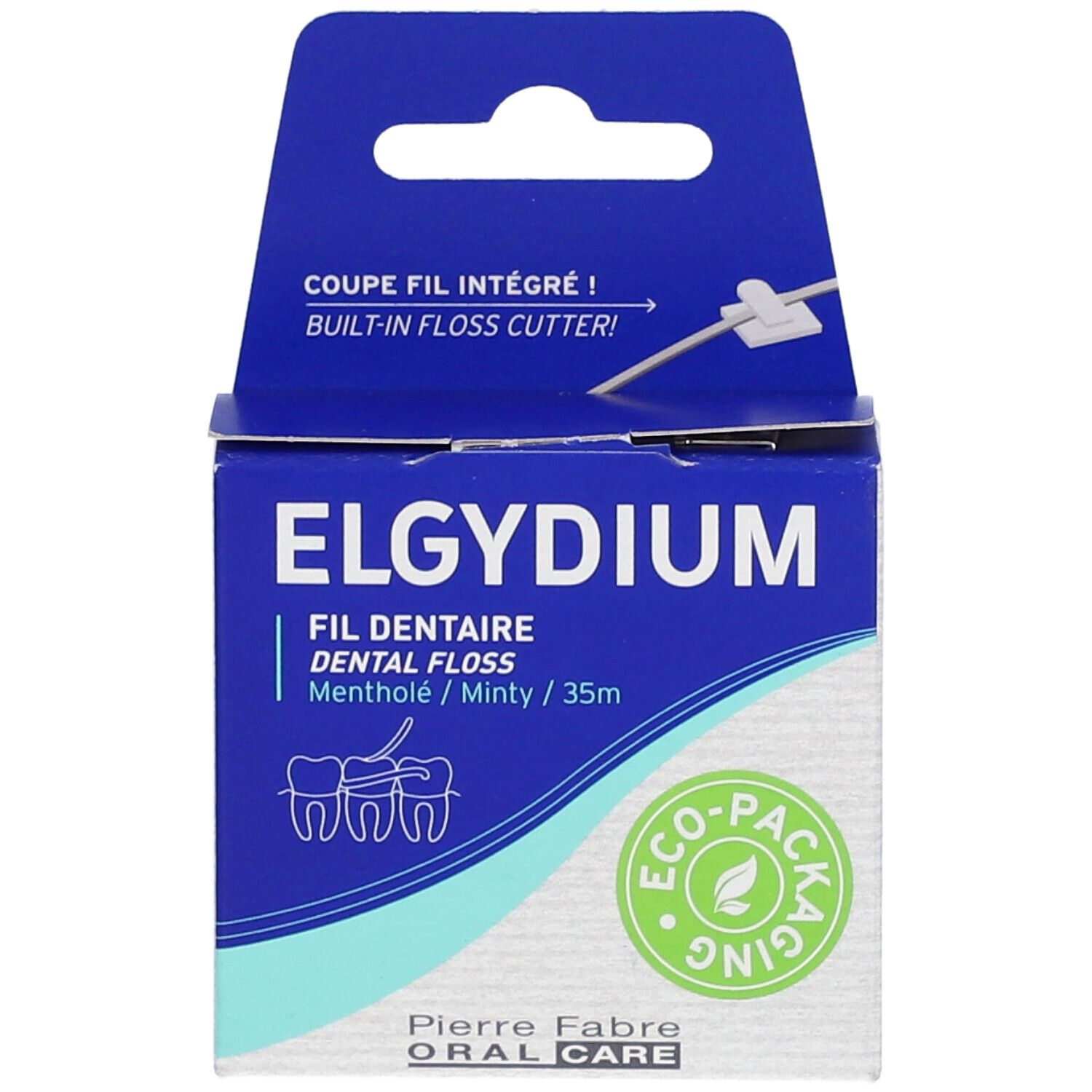 ELGYDIUM Eco tandzijde 35m in blauwe doos met ingebouwde flossnijder.