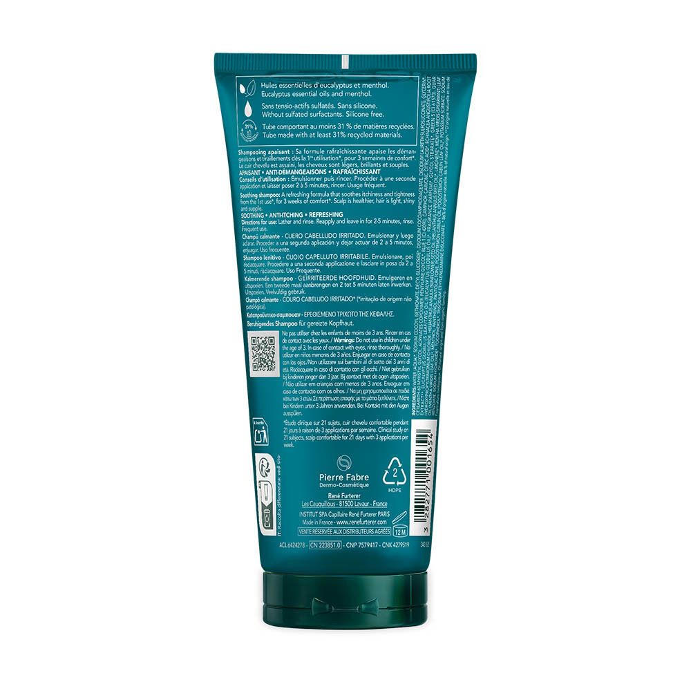 Achterkant van een turquoise tube René Furterer Astera Fresh Shampoo.