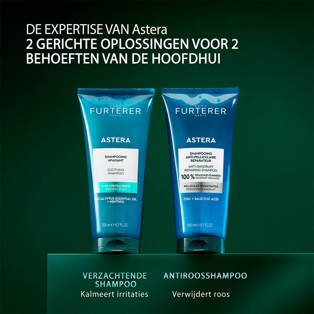 Achterkant van een turquoise tube René Furterer Astera Shampoo.