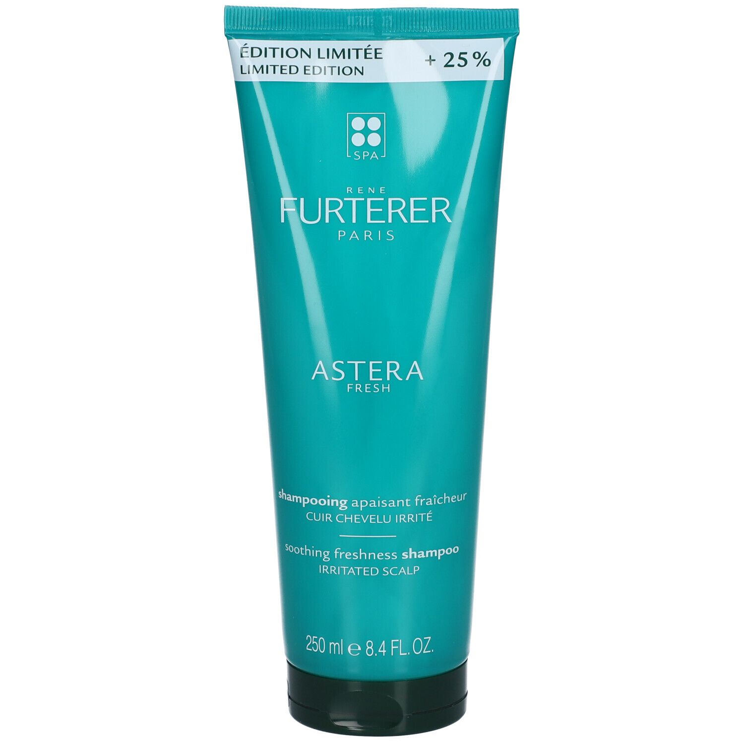 Tube turquoise avec texte blanc. "Édition Limitée" et "+25 %" visibles. "Astera Fresh" en dessous.