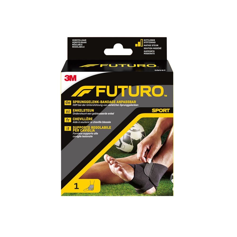 Futuro enkelsteun, zwart, in verpakking. Met 3M en Futuro logo. Sport-versie.
