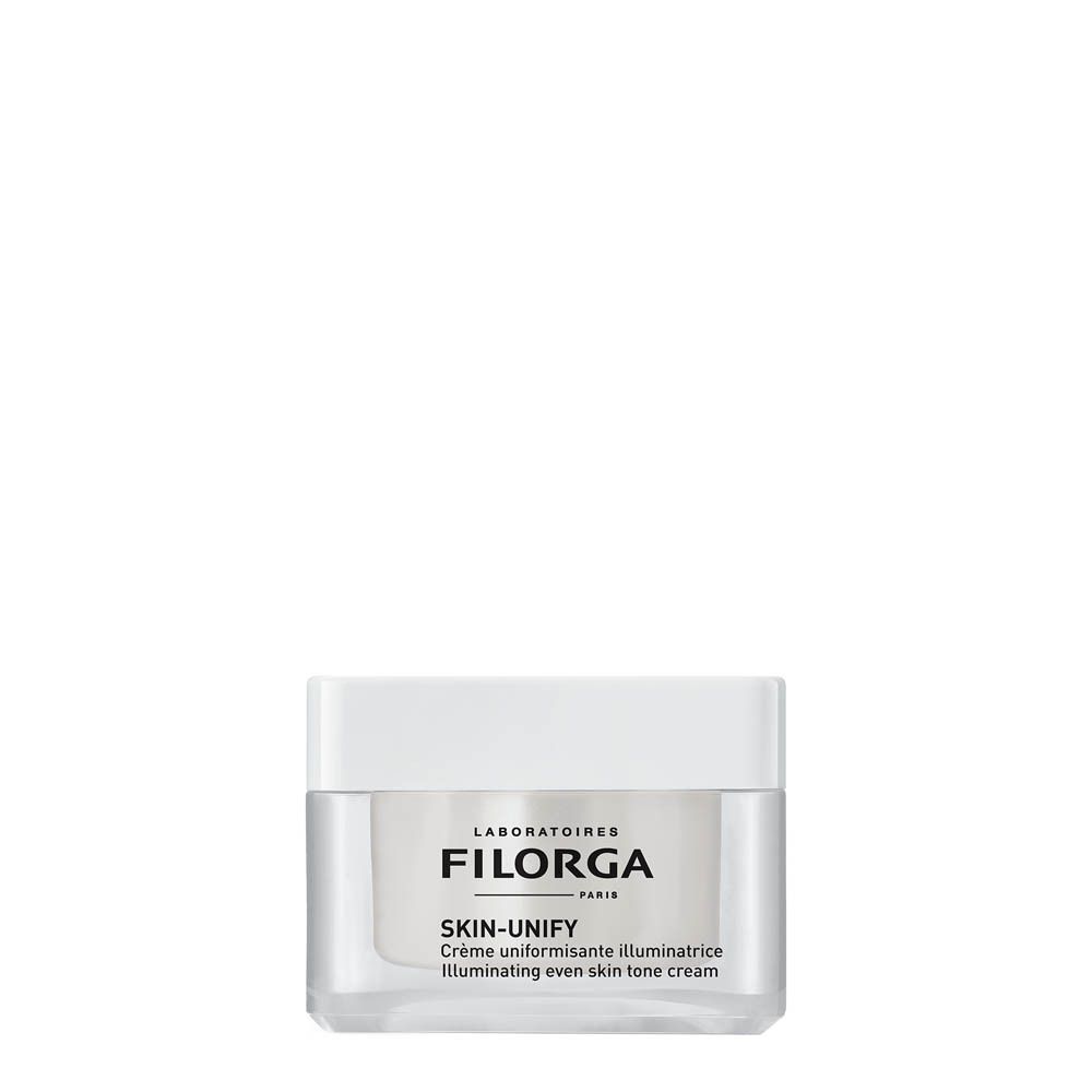 Witte pot met crème. Merk FILORGA. Productnaam SKIN-UNIFY. Crème voor een egale teint.