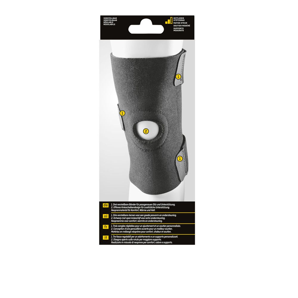 Grijze kniebandage met knieopening en klittenbandsluitingen. Achterkant verpakking.