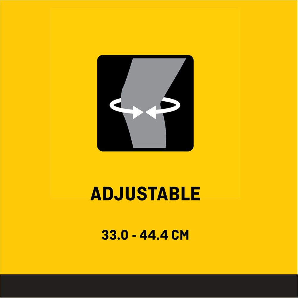 Grijze kniebandage met knieopening en klittenbandsluitingen. Achterkant verpakking.