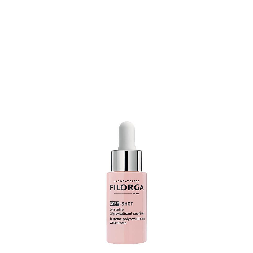 Roze fles met pipet. Opschrift: FILORGA, NCEF-SHOT, concentraat. Product voor de huid.