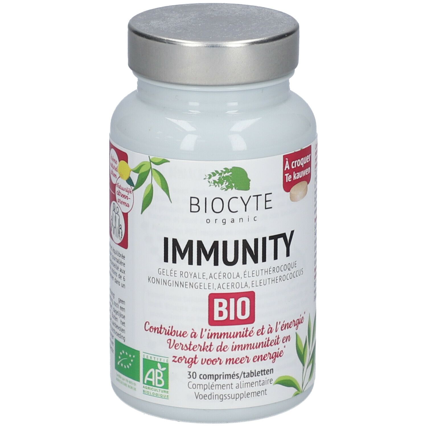 Witte fles Biocyte Immunity Bio met zilveren dop. 30 tabletten. AB Bio-keurmerk. Meertalige tekst.