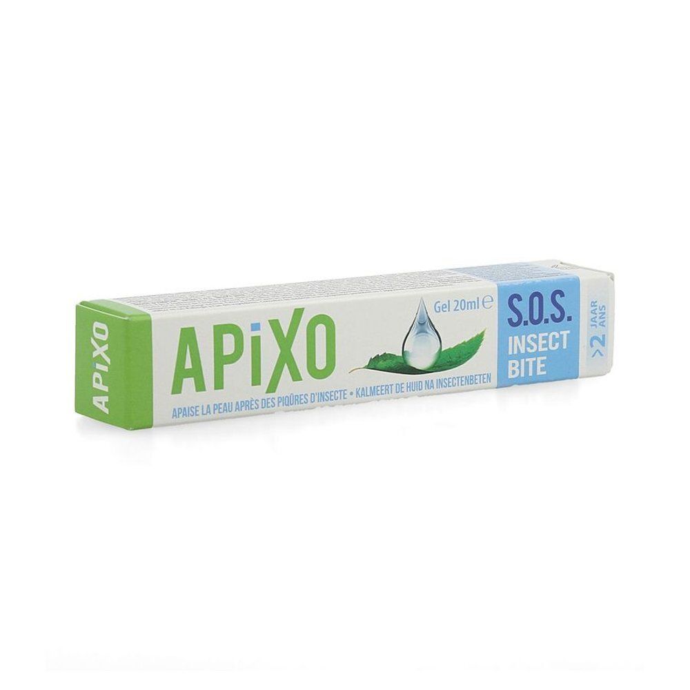 Verpakking van Apixo S.O.S. Insect Bite. Groen-witte tube met productnaam en S.O.S. Insect Bite. Bevat 20ml gel.