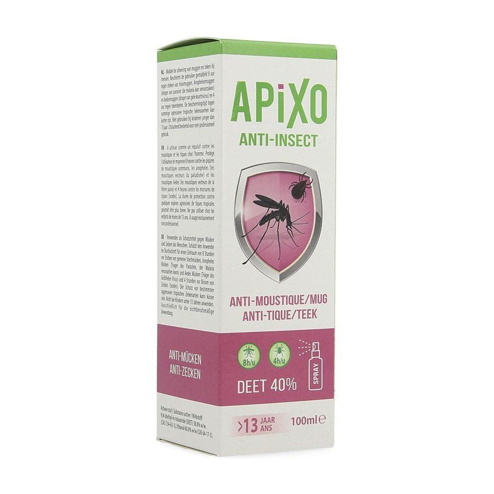 Doosje APIXO Anti-Insect. Opschrift: Anti-Moustique/Mug, Anti-Tique/Teek, DEET 40%. Vanaf 13 jaar.