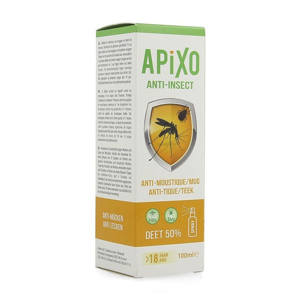 Emballage du produit. Texte : Apixo Anti-Insect, DEET 50%, Anti-Moustique/Mug/Anti-Tique/Teek, 100ml.