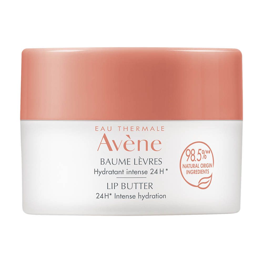 Un pot blanc avec un couvercle rose, étiqueté Avène Baume Lèvres Lip Butter.