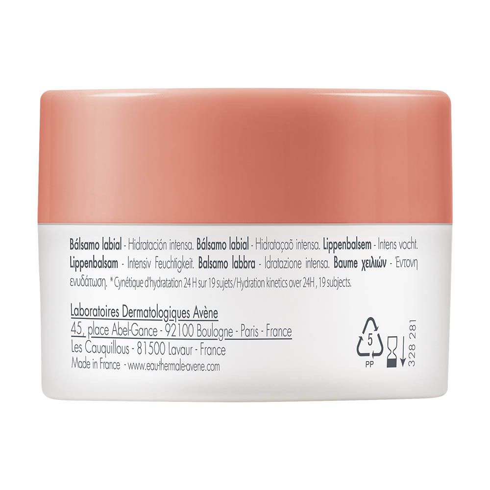 Avene lippenbalsem pot met meertalige tekst en recycling symbool.