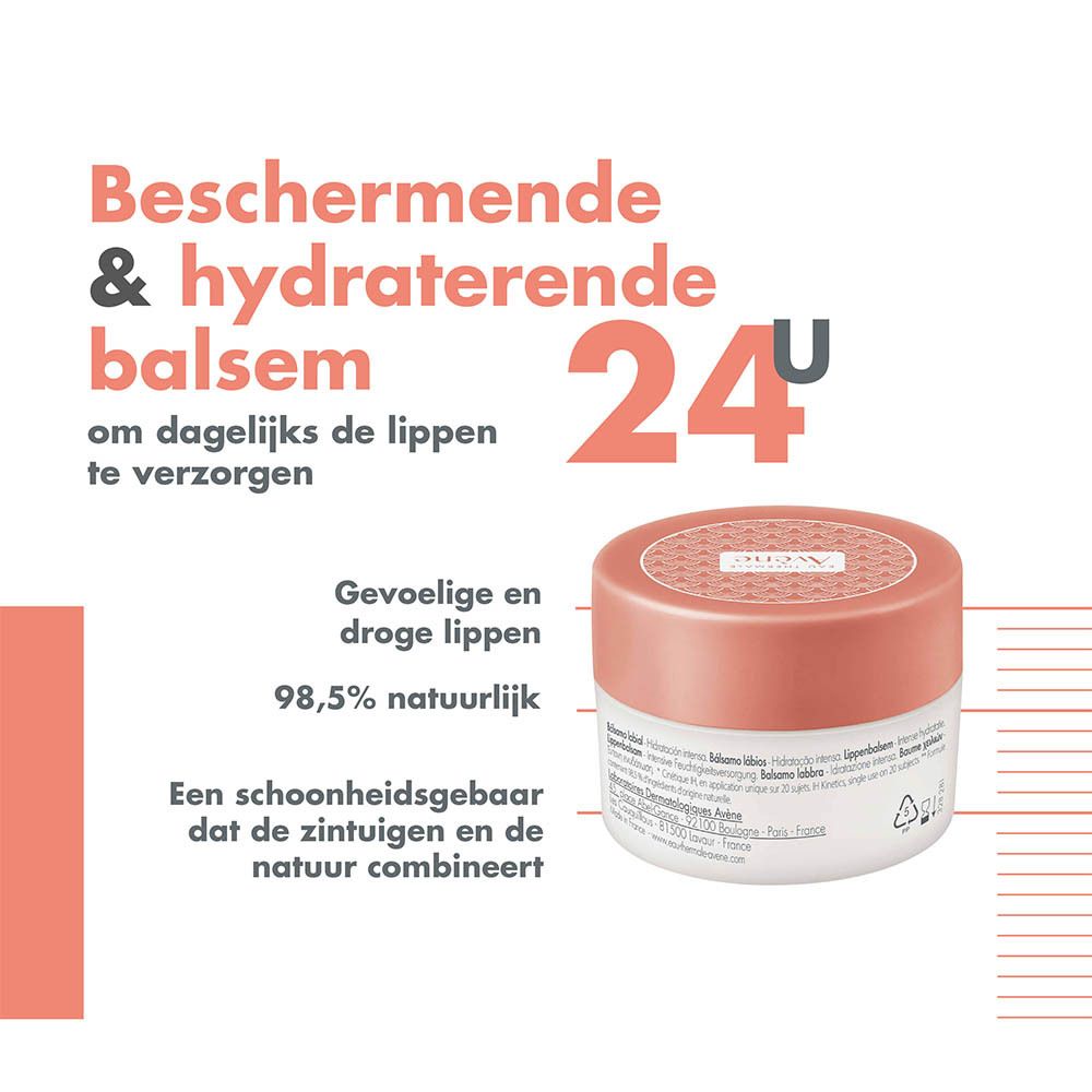 Wit potje met roze deksel. "Avène" en "Lip Butter" zijn zichtbaar op het etiket. "98,5% natuurlijk" staat er ook op.