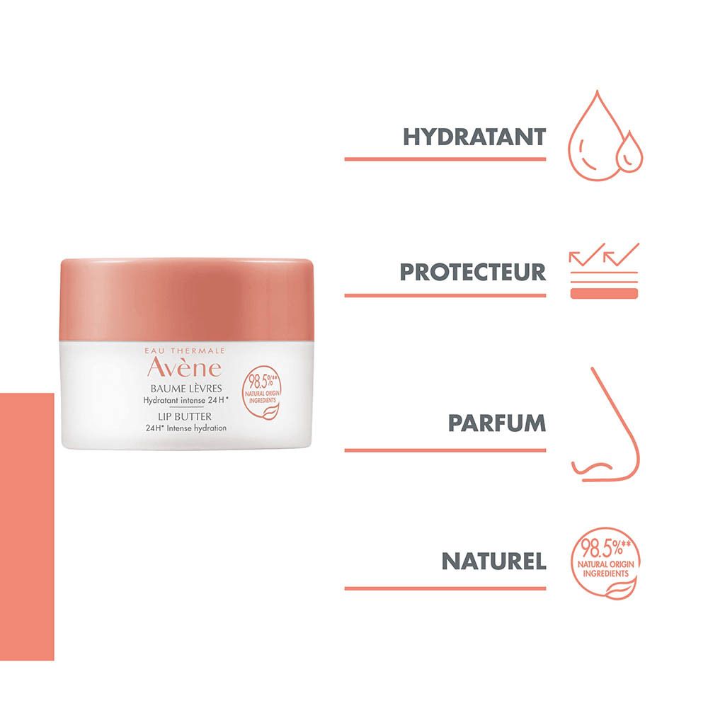 Pot blanc avec couvercle rose. "Avène Eau Thermale" et "Lip Butter" sont visibles sur l'étiquette. "24H" et "98,5% naturel" sont également indiqués.