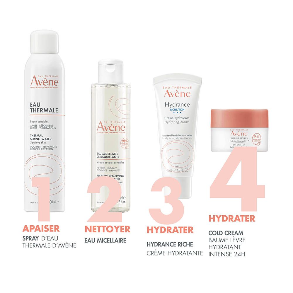 Quatre produits de soin Avene : eau thermale spray, eau micellaire, crème hydratante riche, Cold Cream.