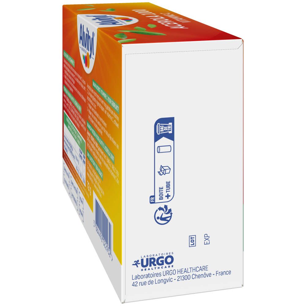 Boîte Alvityl Acérola 1000. Vue latérale avec informations. Urgo Healthcare. Numéro de lot.