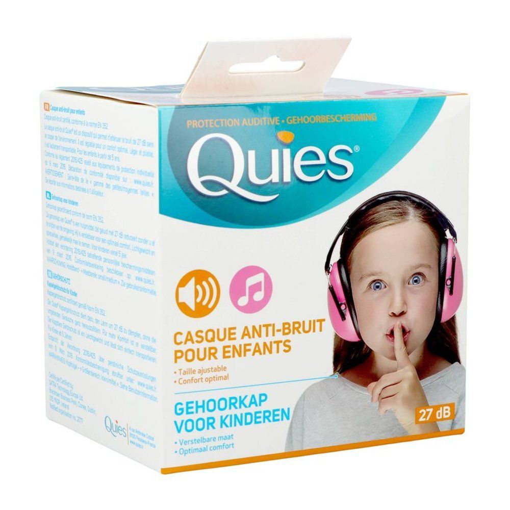 Boîte de casque anti-bruit rose pour enfants. Marque Quies. Texte: Casque Anti-Bruit pour Enfants. Gehoorkap voor Kinderen. 27 dB.