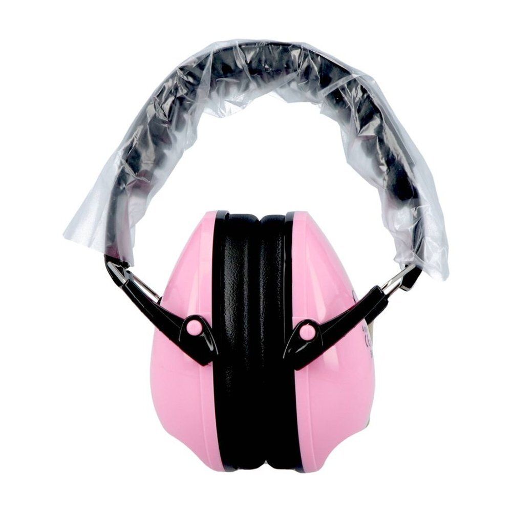 Opgevouwen roze gehoorbescherming voor kinderen. Zwarte details. Verpakt in plastic.