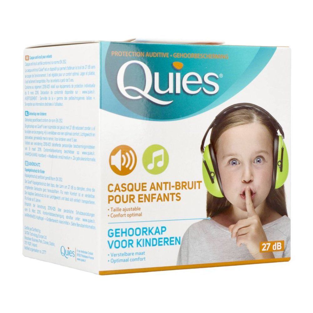 Boîte de casque antibruit. Nom du produit, enfant avec casque, 27 dB.