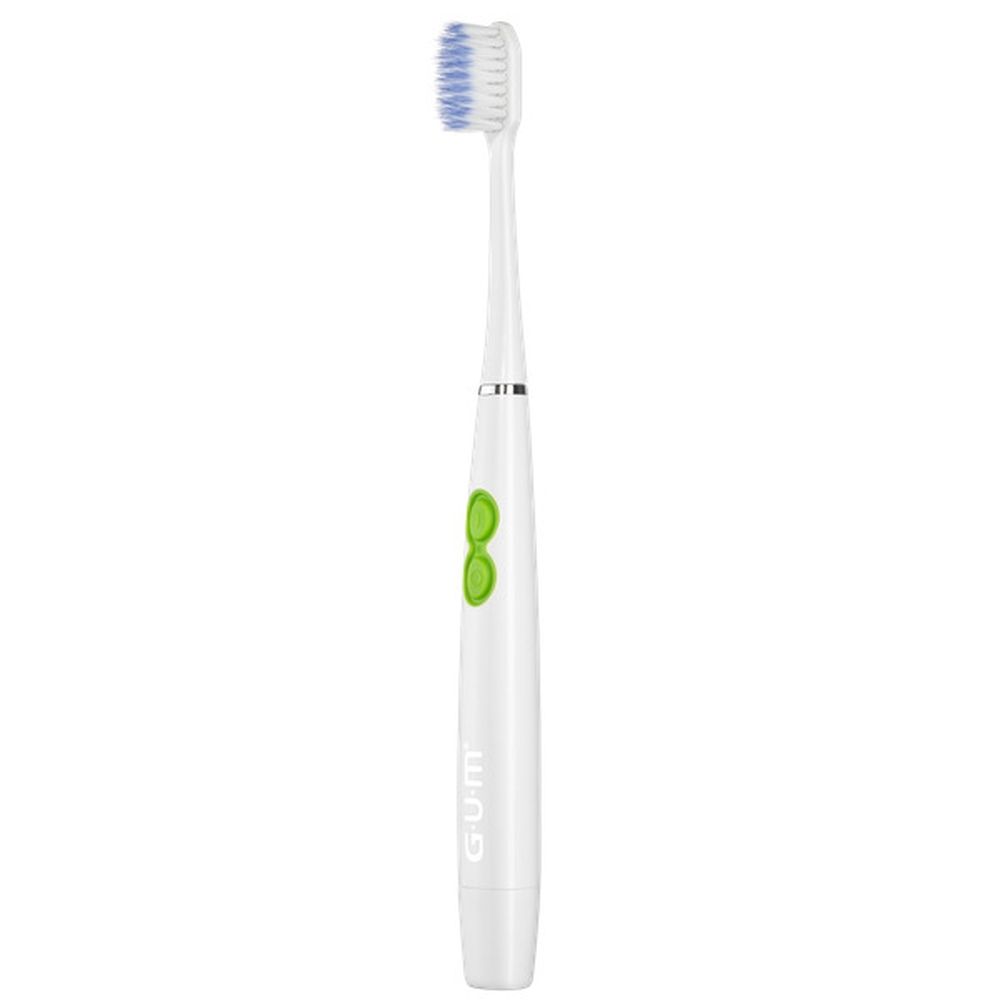 Elektrische tandenborstel in verpakking. Witte behuizing, groene knoppen. G-U-M Sonic Daily.