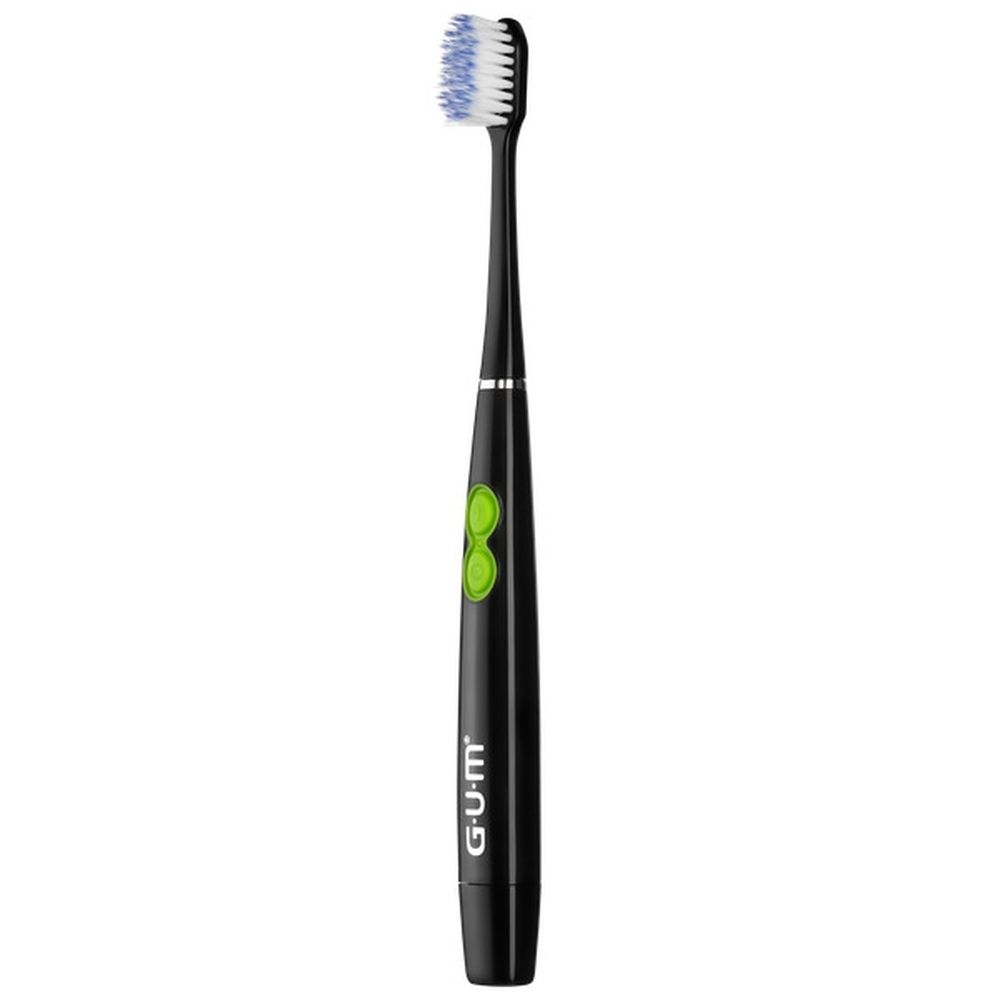 Brosse à dents GUM Sonic Daily en emballage. Soie souple. Pile incluse. Design vert et noir.