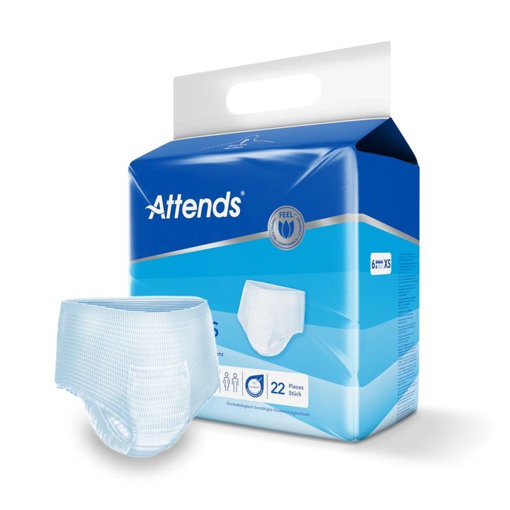 Attends Pull-Ons, incontinentiebroekjes en verpakking. Blauwe verpakking met productafbeelding en tekst. Maat XS.