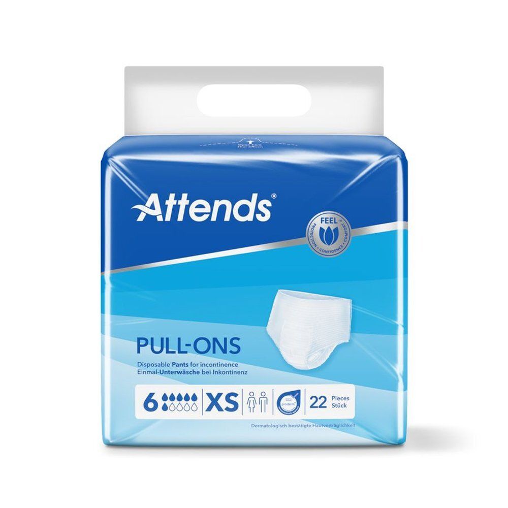 Attends Pull-Ons, pantalon d'incontinence en emballage. Emballage bleu avec image du produit et texte. Taille XS.