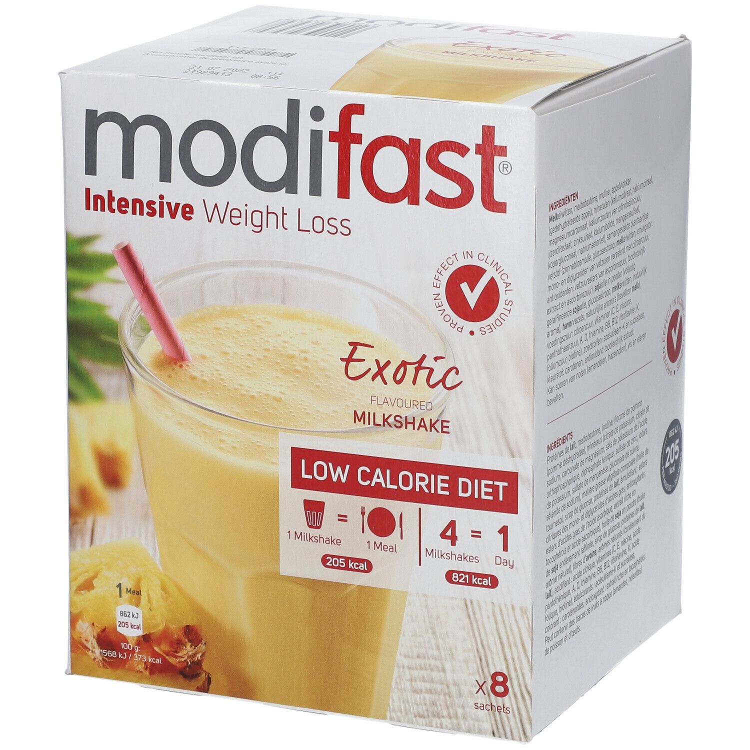 Boîte Modifast Intensive Milkshake Exotic. Visuel : verre de milkshake, paille, 8 sachets, Low Calorie Diet.
