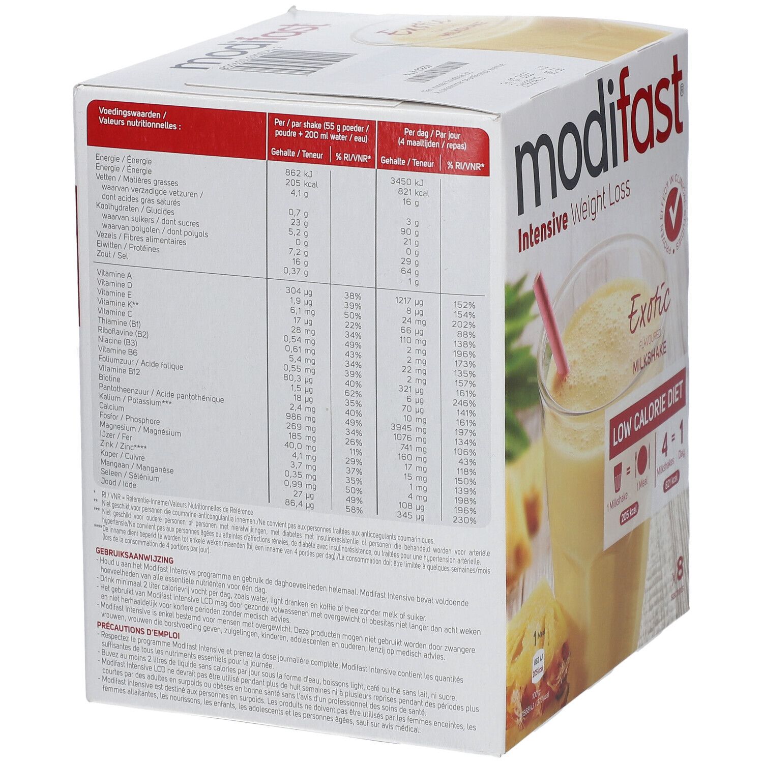 Dos de la boîte Modifast Intensive Milkshake Exotic. Contient des informations nutritionnelles et ingrédients.